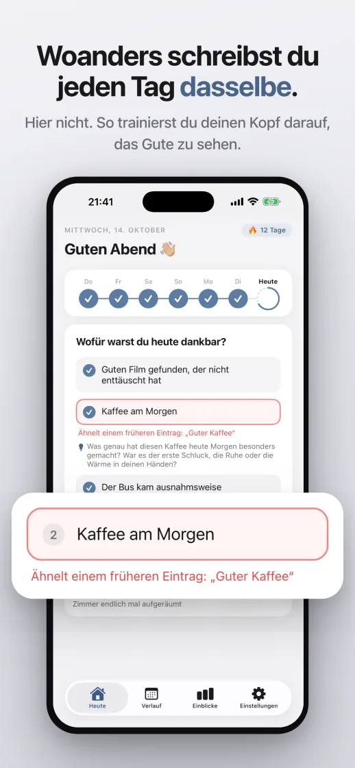Woanders schreibst du jeden Tag dasselbe, hier nicht: der Wiederholungsschutz meldet einen ähnlichen Eintrag